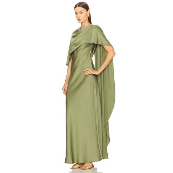 SIMKHAI Womens Izel Boat Neck Satin Draped Cape Gown Olive Green Size 2 - Picture 3 of 11